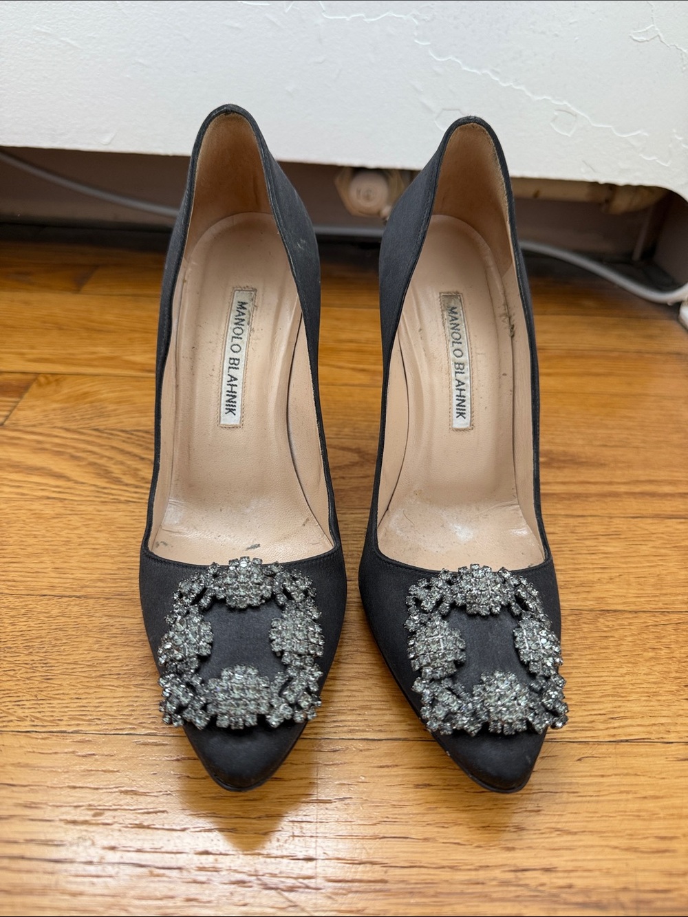 Manolo Blahnik Black Satin Crystal-Embellished Pointed Pumps